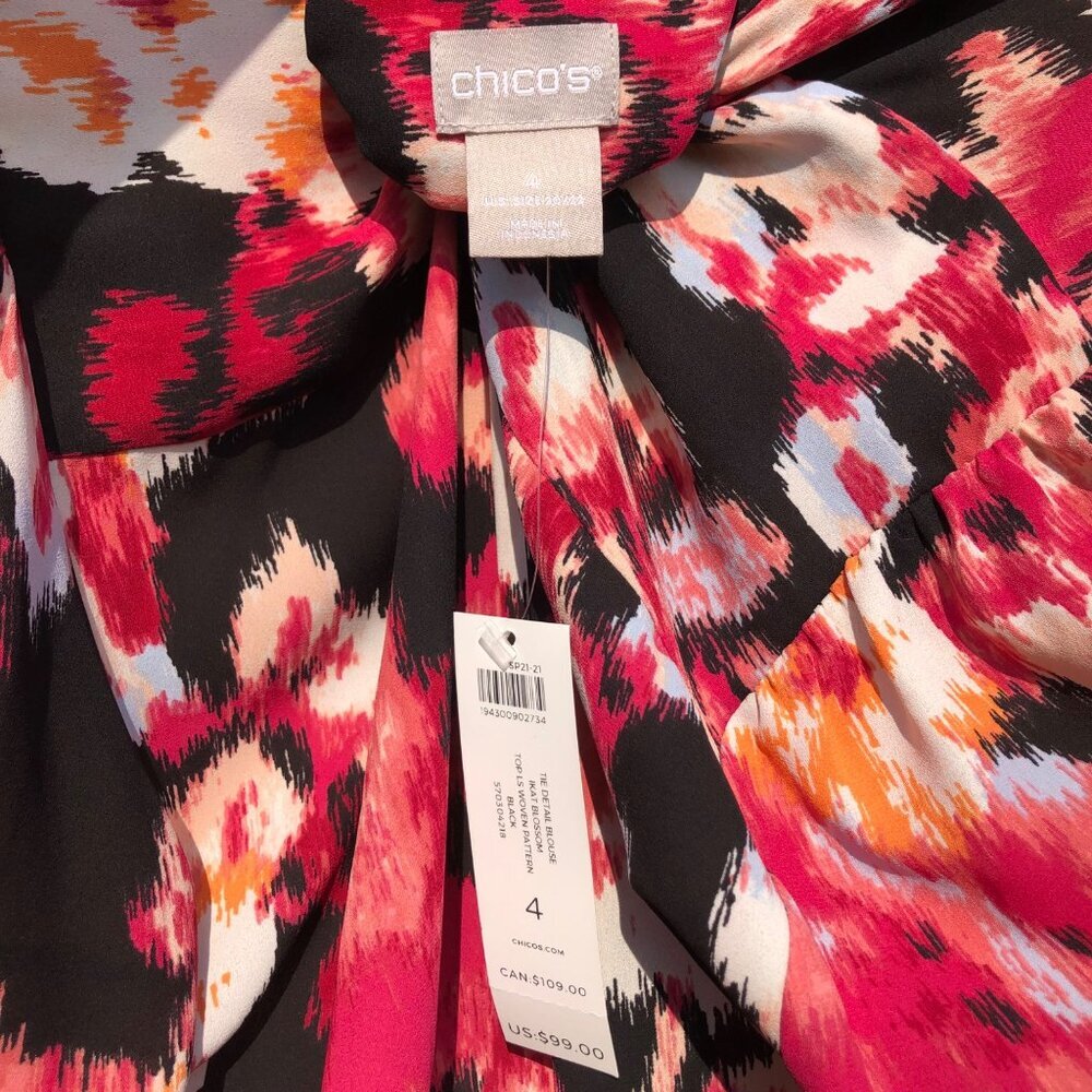 Chico’s NWT Long Sleeve Ikat Pink Black Blouse Top V Neck Tie Long Sleeve - Picture 9 of 9
